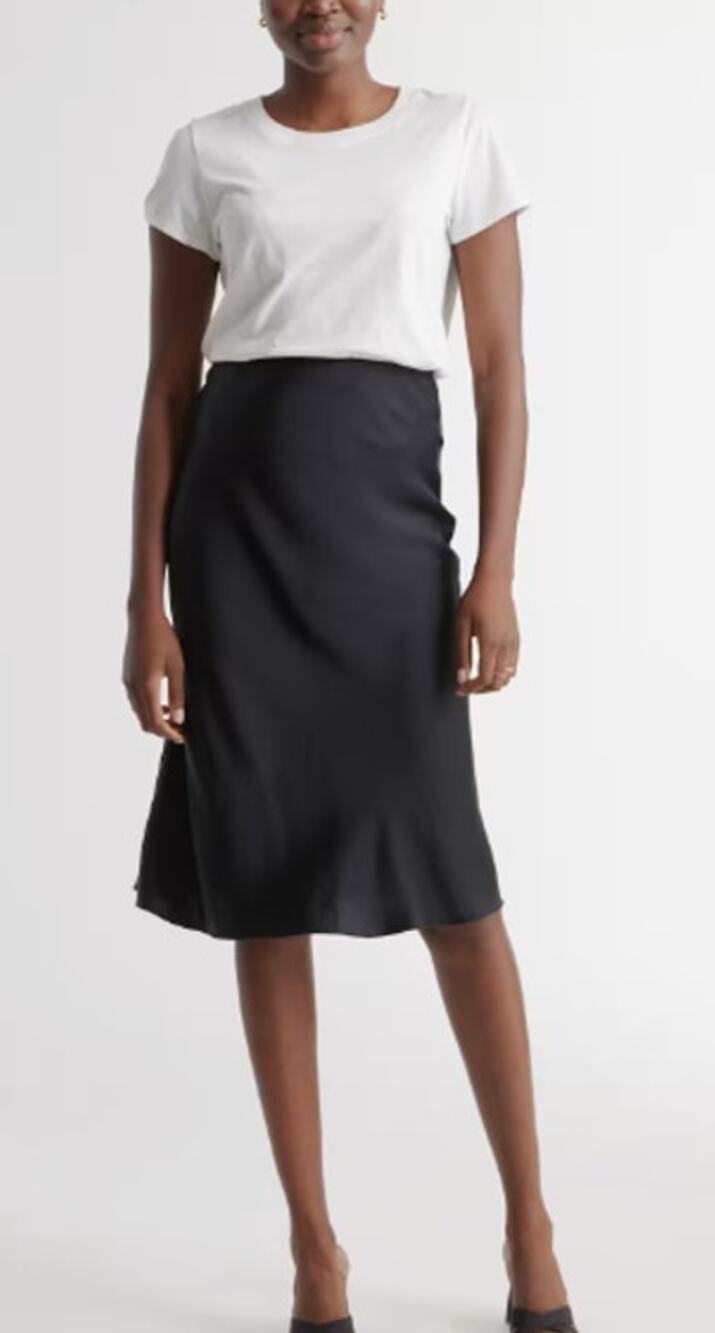 Quince 100% Washable Silk Slip Satin High Waisted Midi Skirt Black Medium